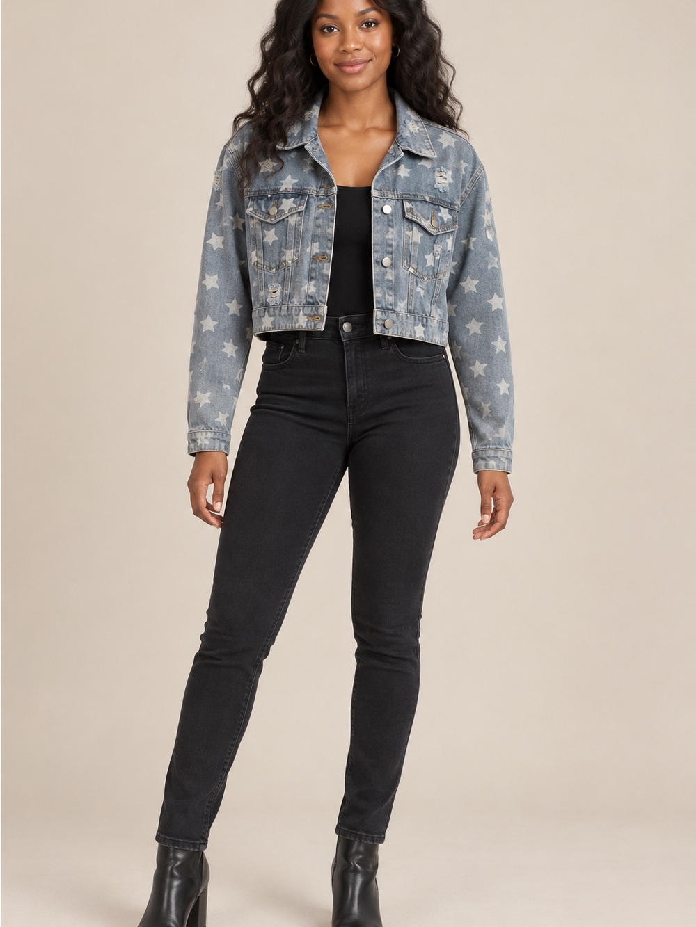POL Starprint Cropped Jean Jacket in Light Blue and White SZ Med Distressed